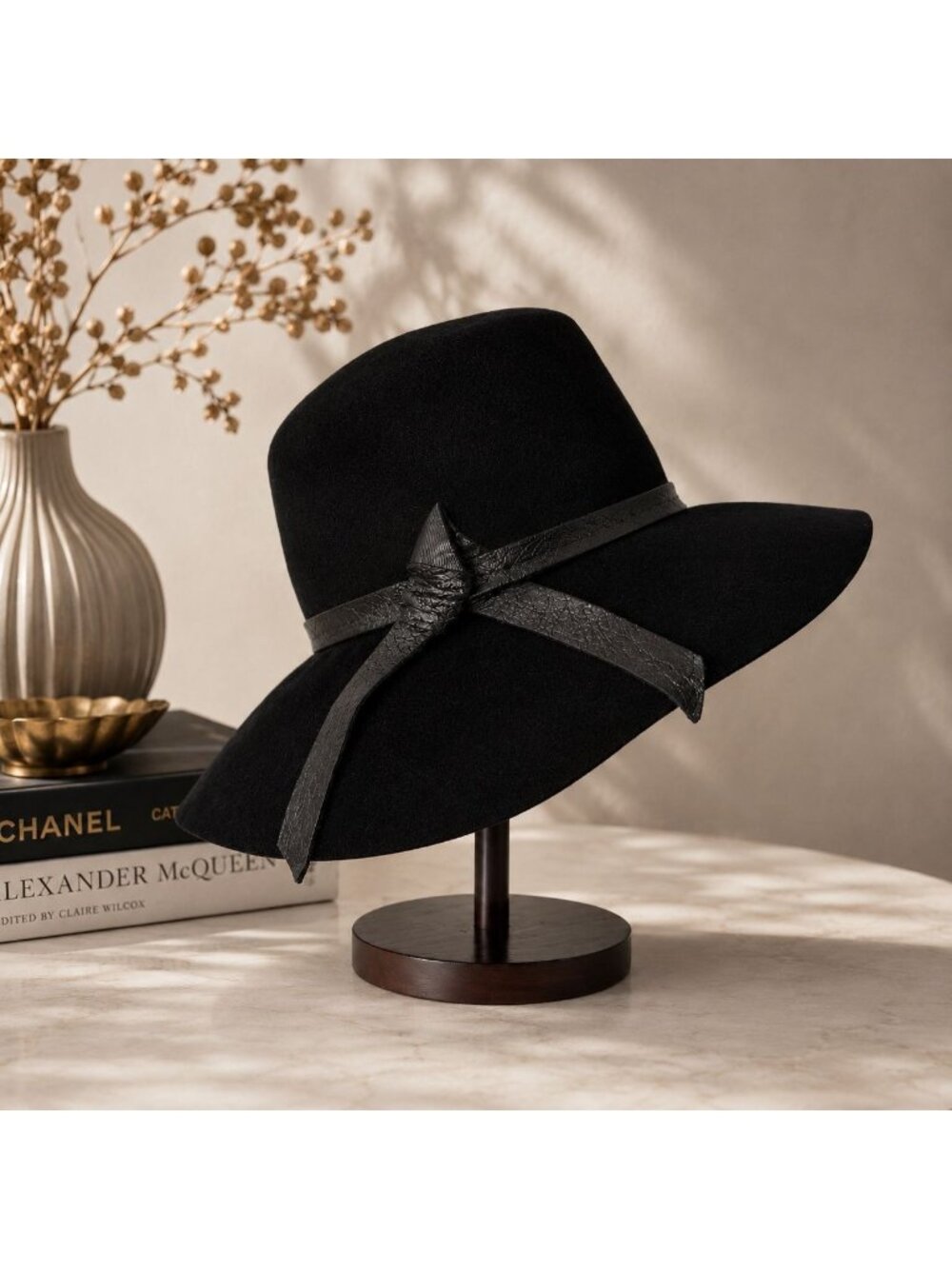 Vintage Glenover Black Felt Hat Leather Bow USA Made Large Wide Brim